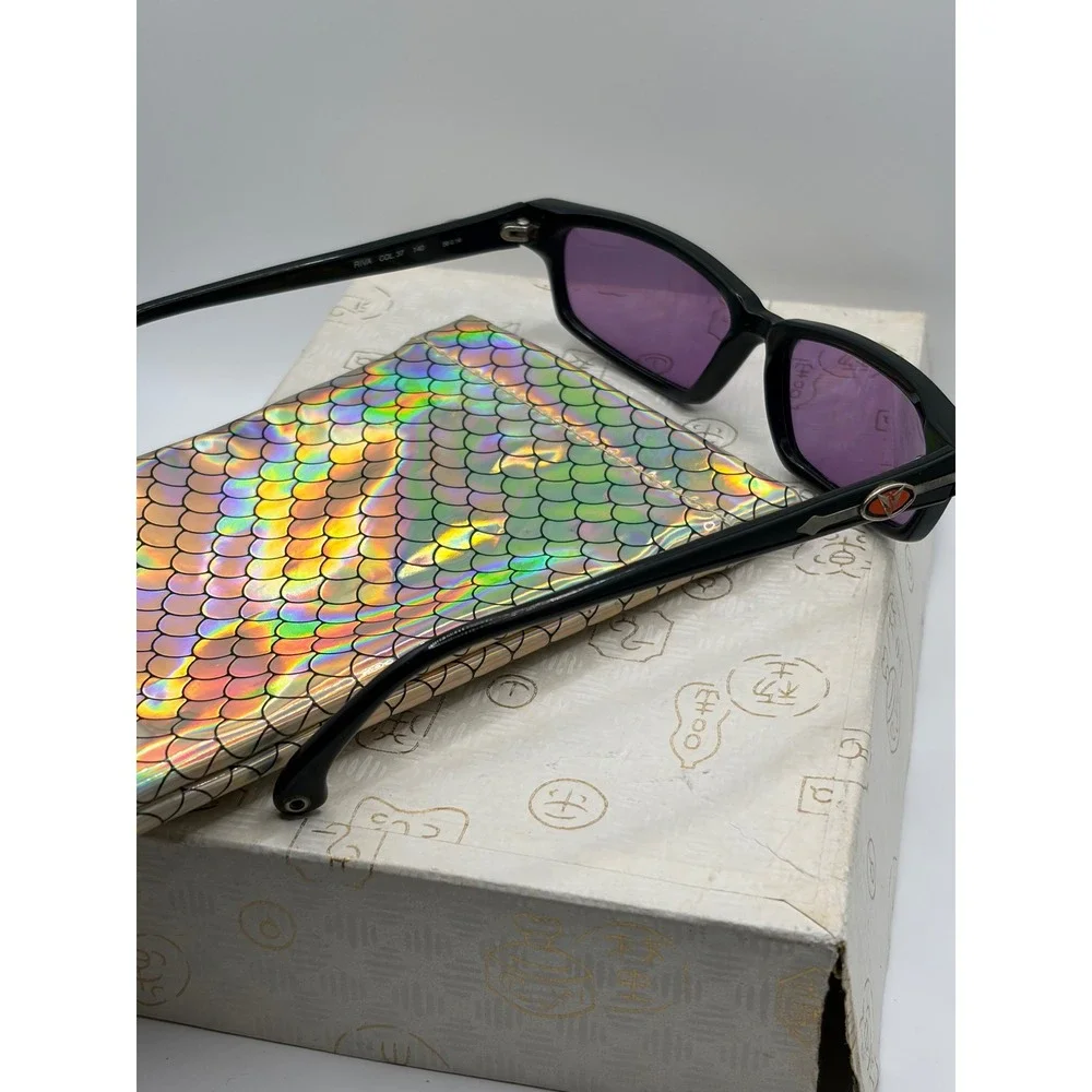 Steven Vaughn Riva Black Rectangular Sunglasses Purple Tinted Lens Y2K Vintage